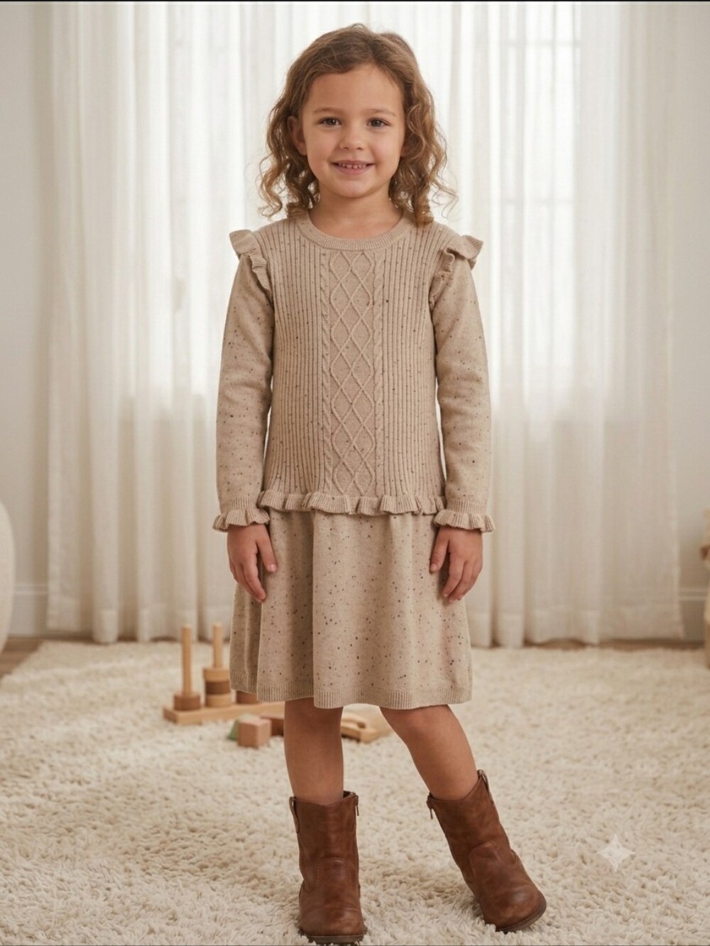 Bonnie Jean Beige Speckled Ruffle Hem Cable-Knit Drop Waist Dress, S-5,6X, NWT